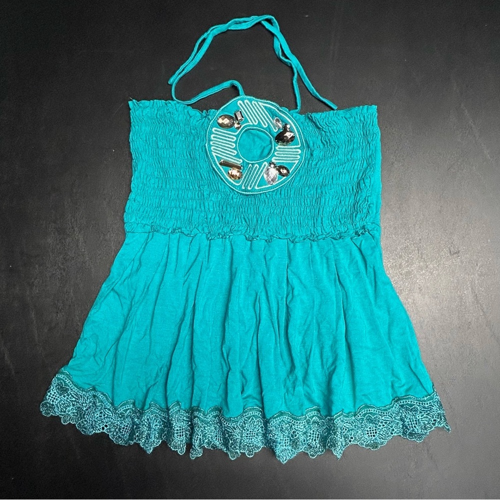 Jeweled green halter top smocked front cutout embroidered summer shirt lace